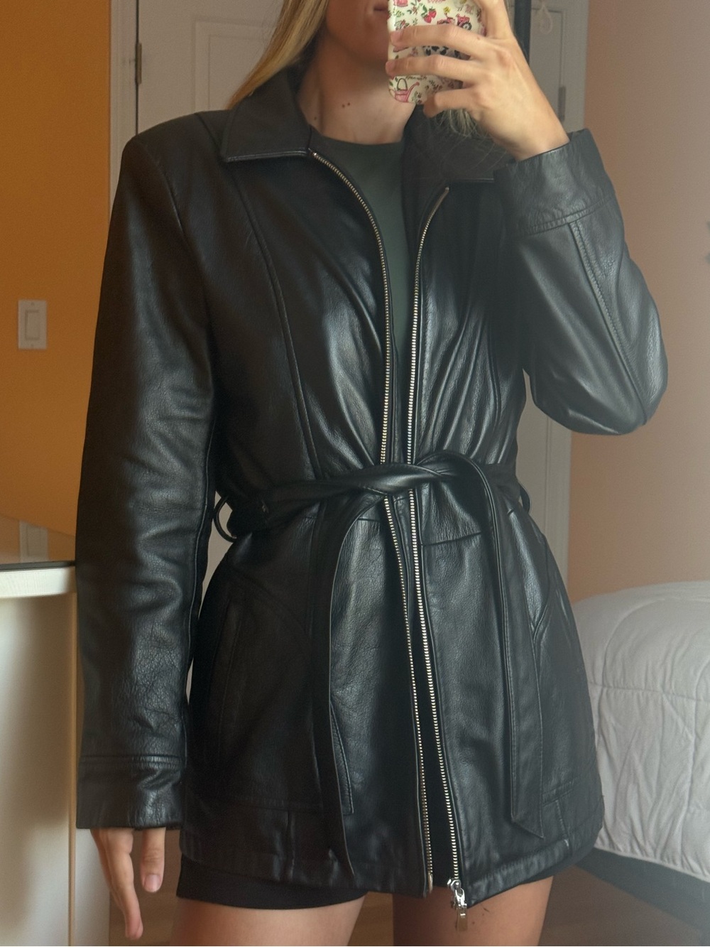 Wilson’s Leather Vintage Black Zip Jacket Belted M